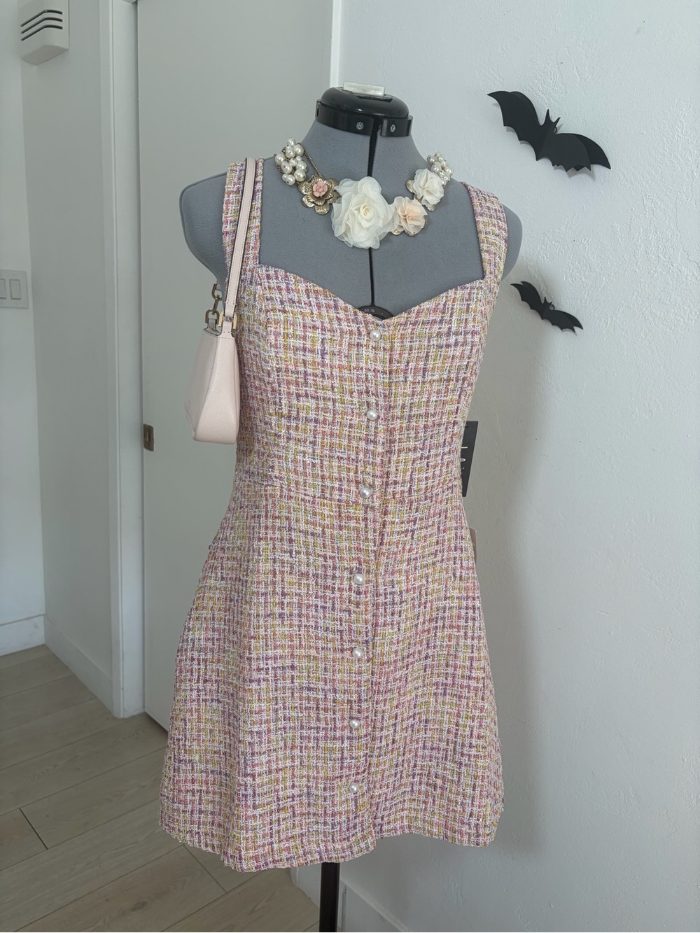 NWT Lulus Size Large Pink Tweed Pearl Button Mini Dress